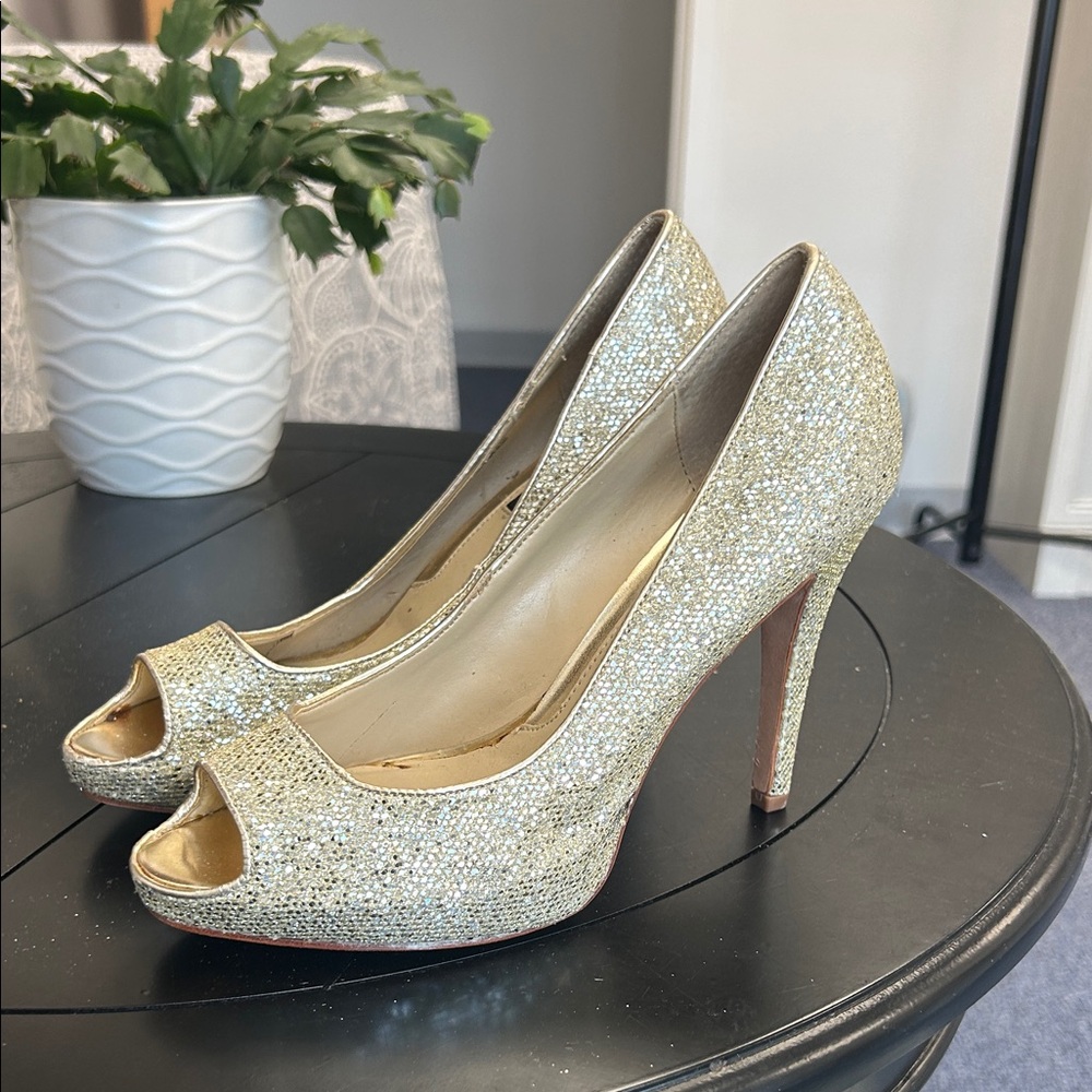 White House Black Market Gold Crystal Peep-Toe Stilettos